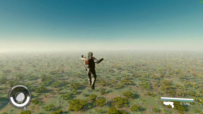 A screenshot of a Starfield mod that lowers the invisible walls between planetary maps, showing the city of New Atlantis in the distance.