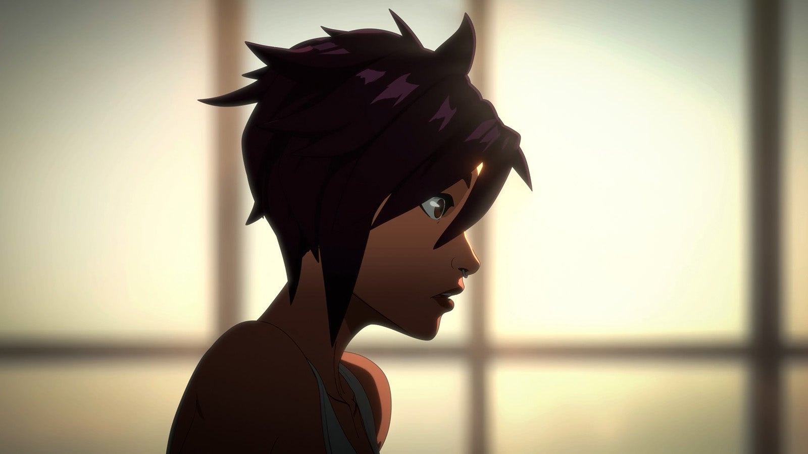 Postava z Dispatch sedí v posteli, nasvícená vycházejícím sluncem v okně.