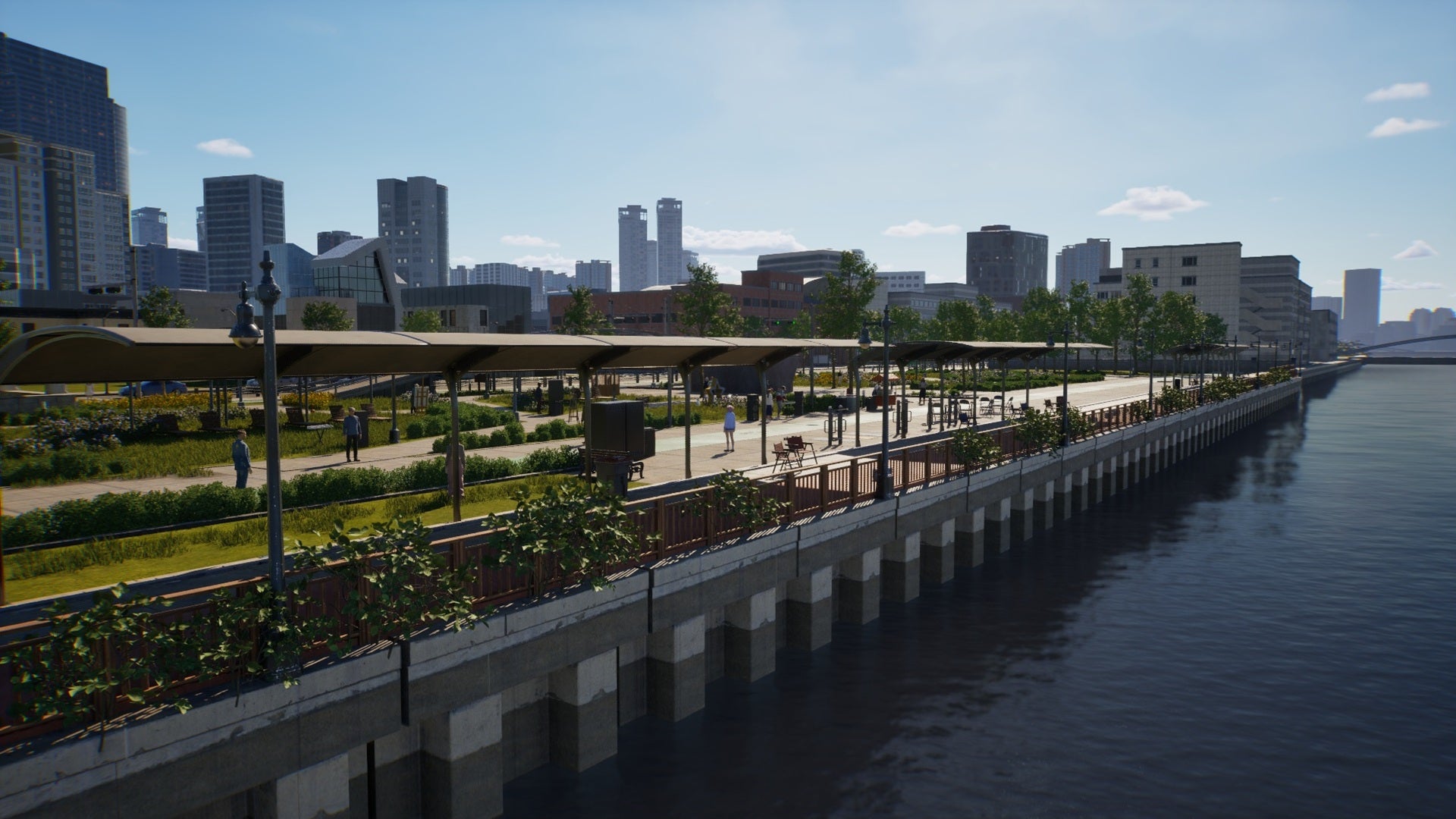 A scenic view of the riverside park in the South Korean-inspired city of Dowon in inZOI. - 1