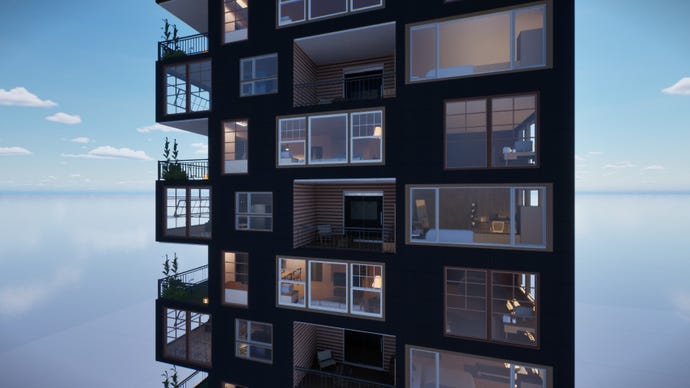 Un edificio de apartamentos creado en Inzoi, con varios pisos en exhibición.