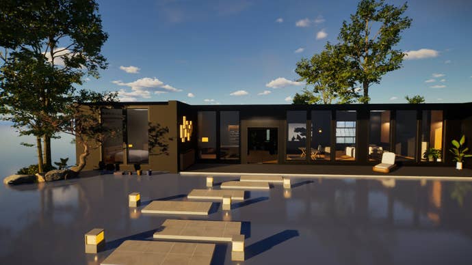 A modern black one-floor home created in inZOI.