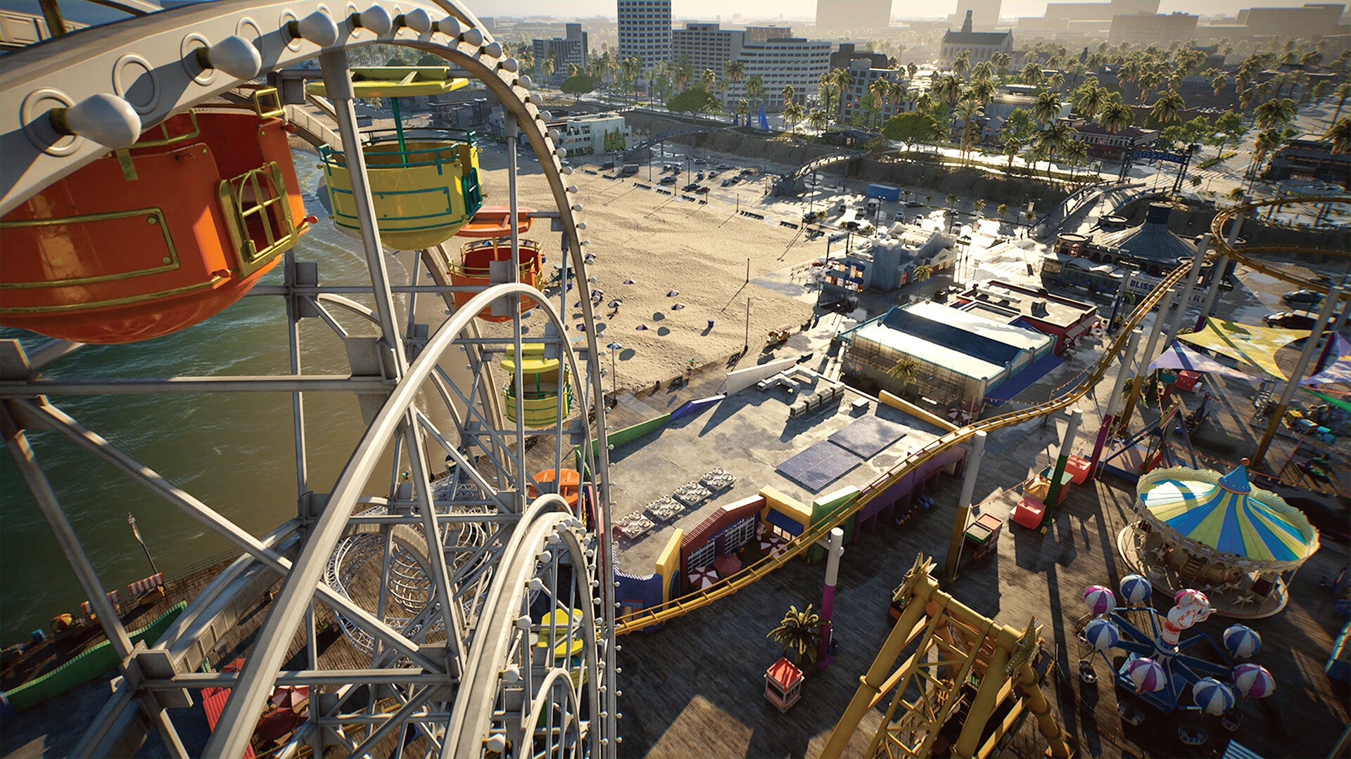A dramatic shot of Bliss Bay Amusement Park in inZOI from the top of the ferris wheel, showing a panorama of the coastal city below it. - 6