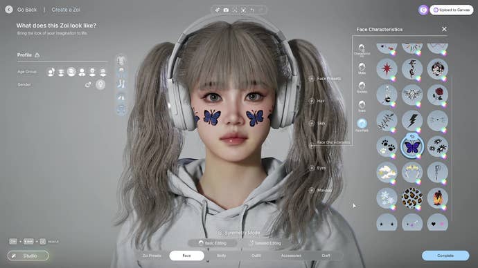 A young female Zoi with long pigtails and over-ear headphones sports facepaint of four large blue butterflies.