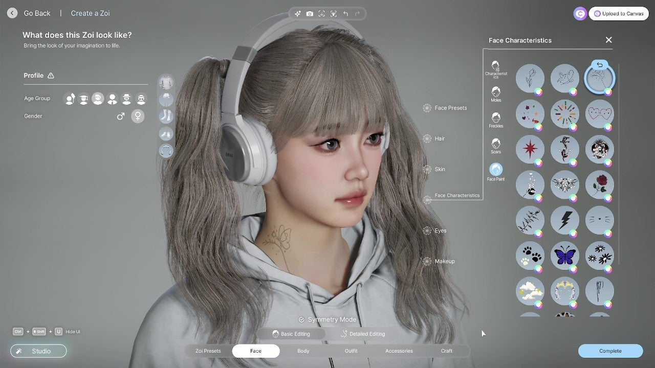 A young female Zoi with long pigtails and over-ear headphones sports a discreet line tattoo of a butterfly on her neck. - 5