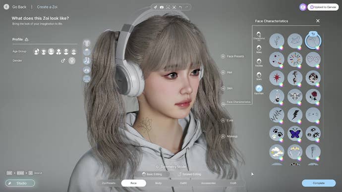 A young female zoi with long braids and earphones carries a discreet butterfly tattoo line around the neck.