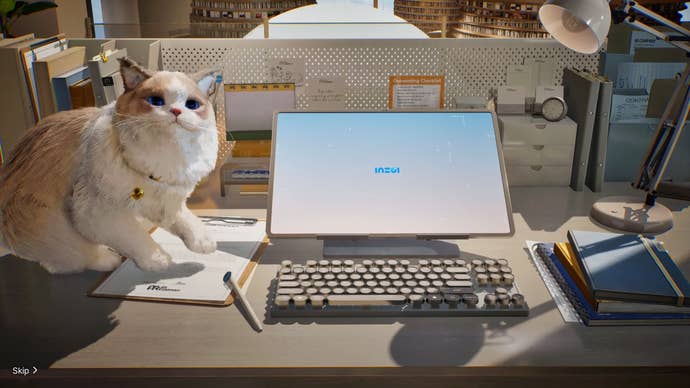 A big-eyed ragdoll cat poses sweetly next to a laptop with the inZOI logo on it, right before inZOI's loading screen appears.