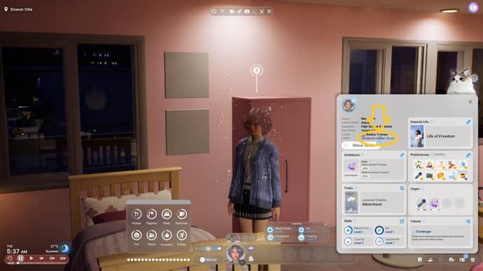 A female Zoi stands in a pink studio apartment with her Zoi Card open on the UI. Her current karma metre rating of “good” is highlighted.