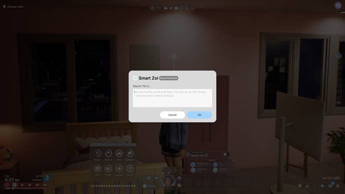 A pop-up text box overlays the regular live mode screen of inZOI, and suggests a prompt about an AI character becoming self-aware to the player.