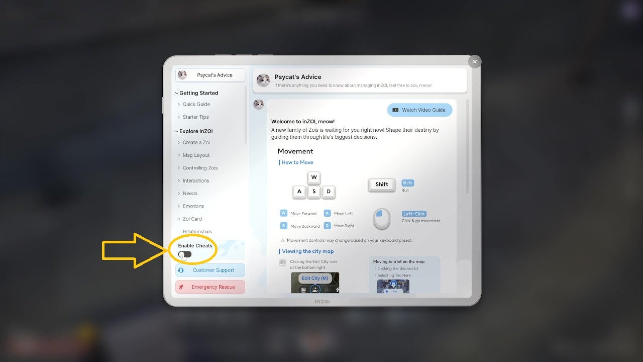 inZOI's overhauled V0.2.0 PsyCat menu, with the new cheats toggled highlighted. - 4