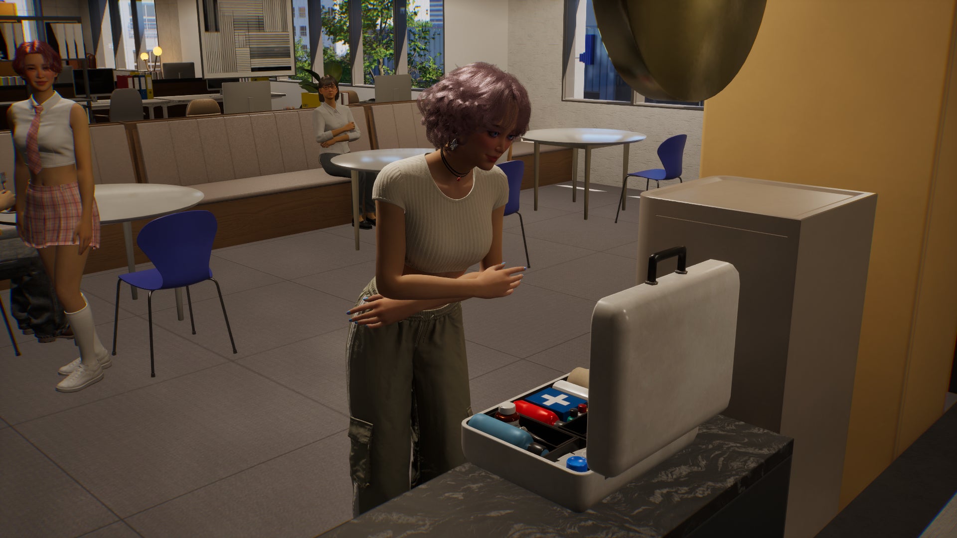 A female Zoi in a street dance performer uniform examines a first aid kit in a workplace cafeteria. - 1