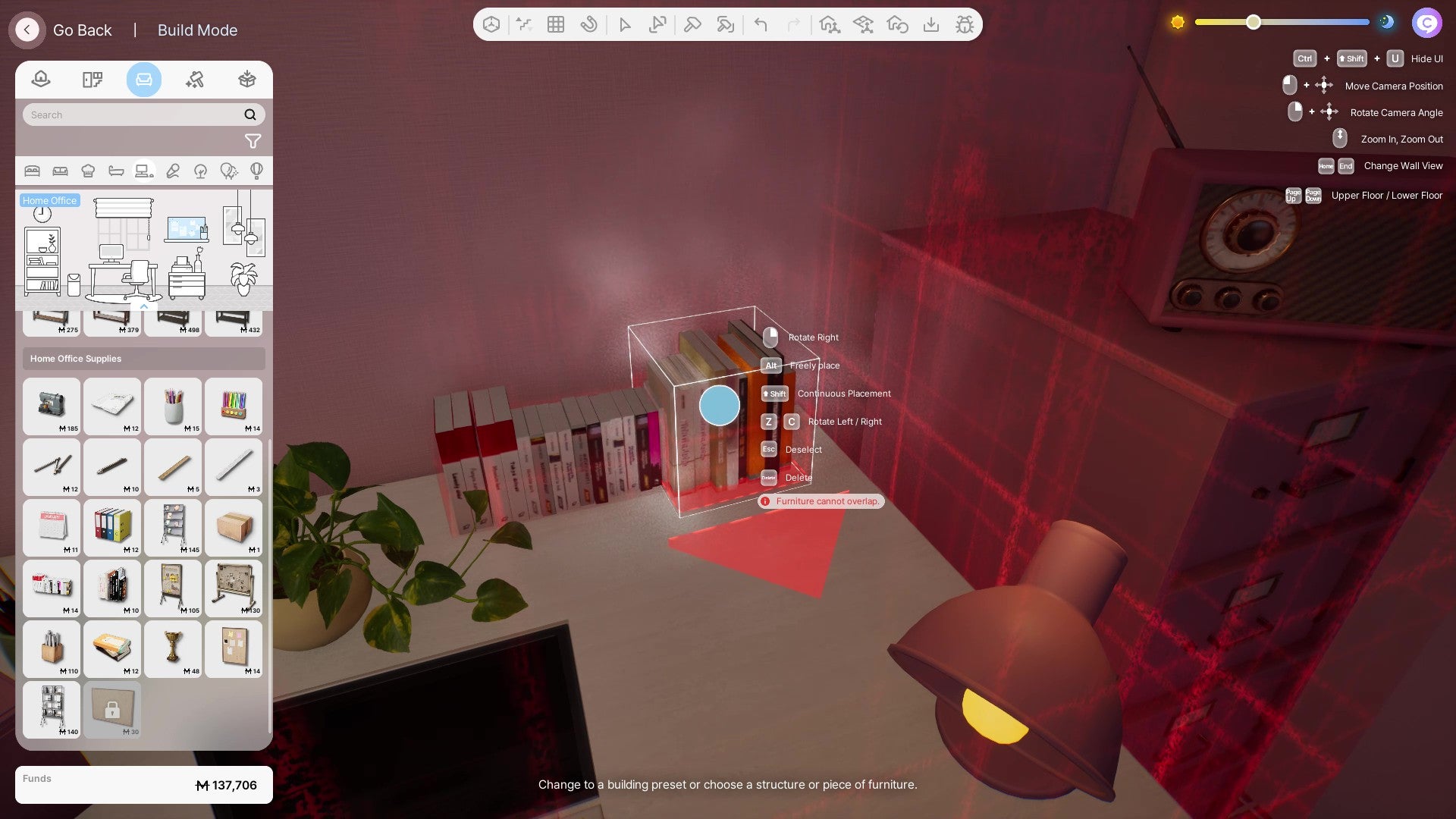 A desk in inZOI, with two stacks of books placed on it and a red warning indicating that two items of furniture cannot overlap. - 7