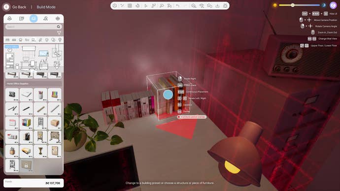 A desk in inZOI, with two stacks of books placed on it and a red warning indicating that two items of furniture cannot overlap.