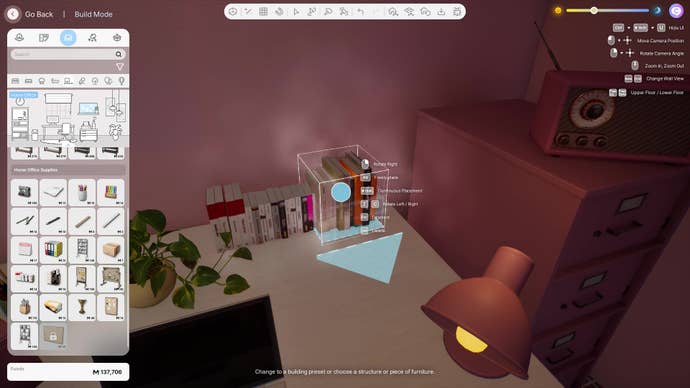 A desk in inZOI, with two stacks of books placed overlapping using the alt free placement “cheat” indicated on the on-screen menu.