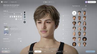 A screenshot of InZoi's character creator showing a close-up of a young adult male with a thin moustache and short blond hair.
