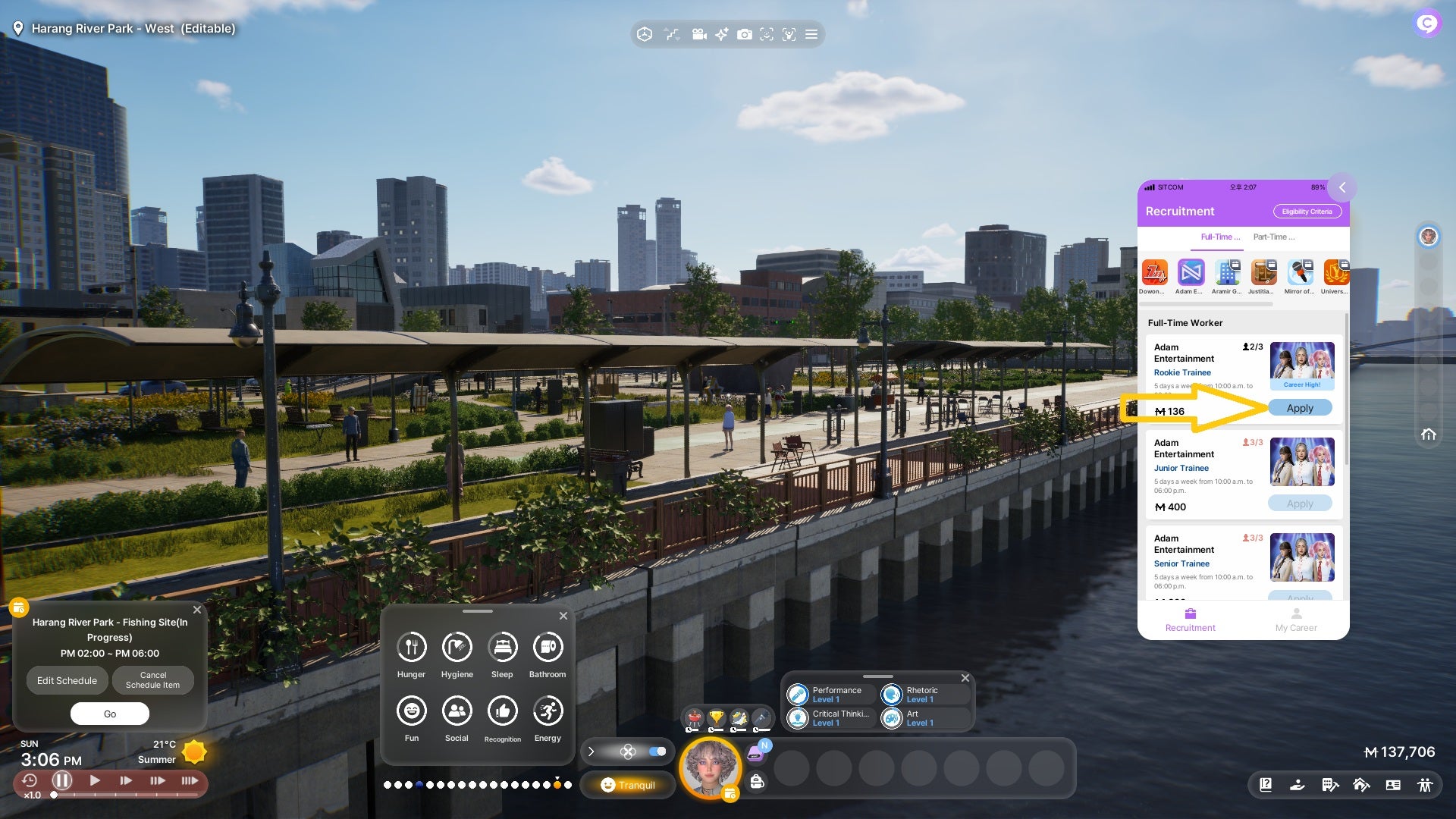 inZOI's smartphone-styled UI open against a background of Dowon's river park, with markers indicating how to apply for a job offered by the currently selected employer using the smartphone. - 5