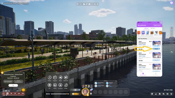 inZOI's smartphone-styled UI open against a background of Dowon's river park, with markers indicating how to apply for a job offered by the currently selected employer using the smartphone.
