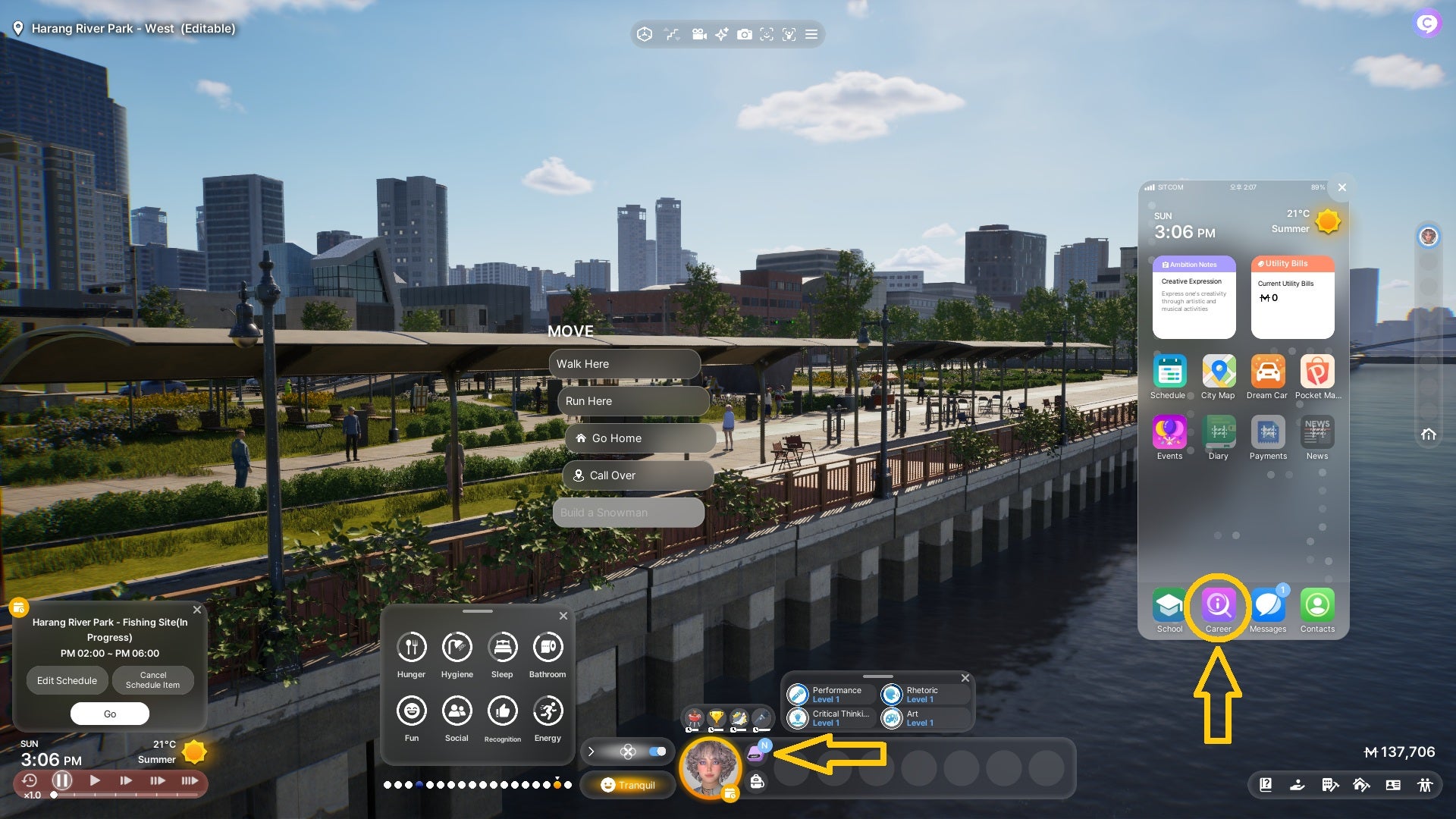 inZOI's smartphone-styled UI open against a background of Dowon's river park, with markers indicating how to open the smartphone and apply for a job via an app. - 4