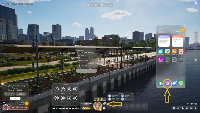 inZOI's smartphone-styled UI open against a background of Dowon's river park, with markers indicating how to open the smartphone and apply for a job via an app.