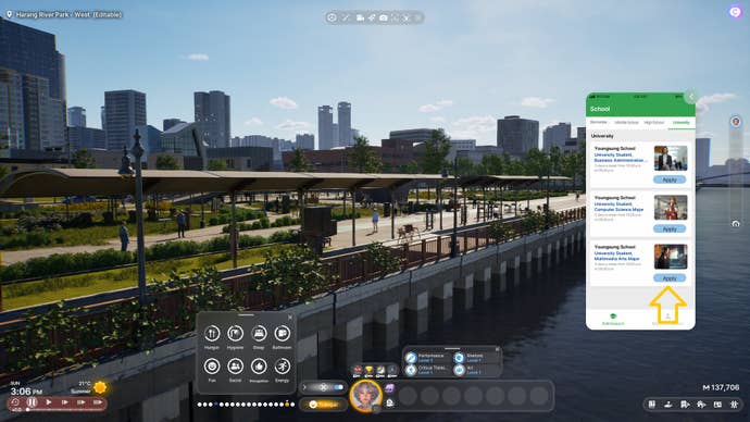 The user interface in the style of Inzoi smartphones opens against the background of the Dowon's River Park river, with markers indicating how to apply for any of the three different directions of degrees using a telephone application.