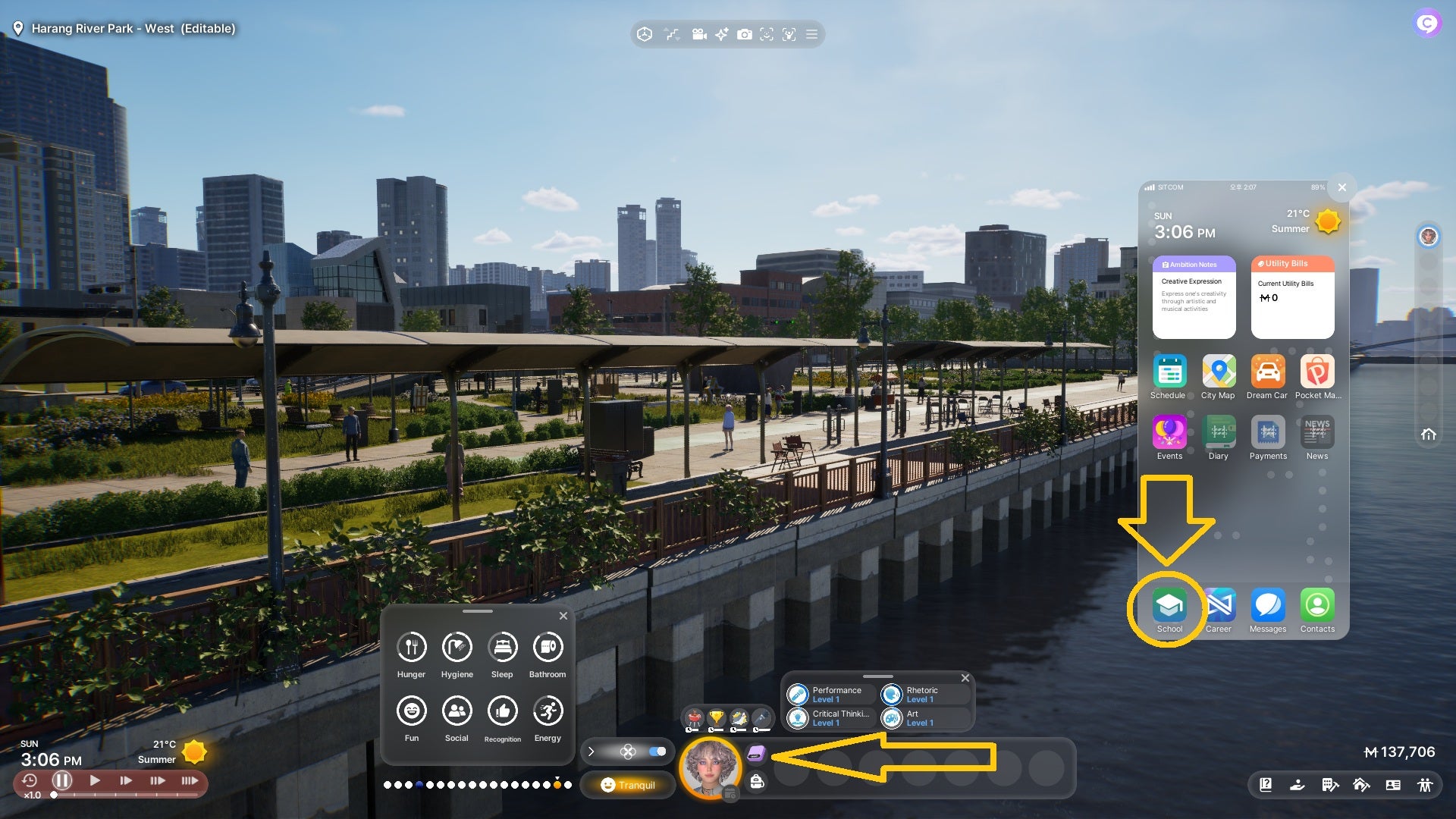 inZOI's smartphone-styled UI open against a background of Dowon's river park, with markers indicating how to open the smartphone and apply for university via an app. - 4