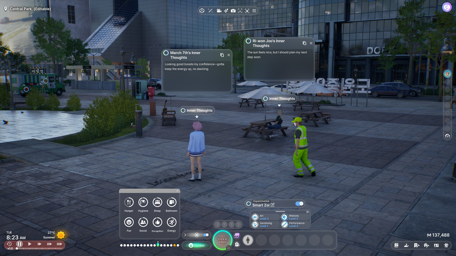 Two Zois in a large city plaza display their inner thoughts as part of the Smart Zoi system. - 5