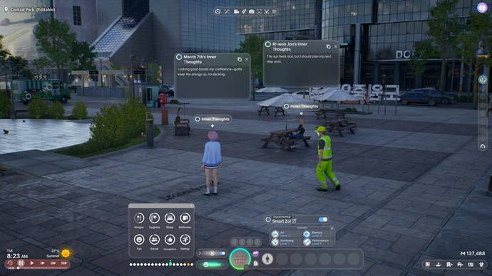 Two Zois in a large city plaza display their inner thoughts as part of the Smart Zoi system.