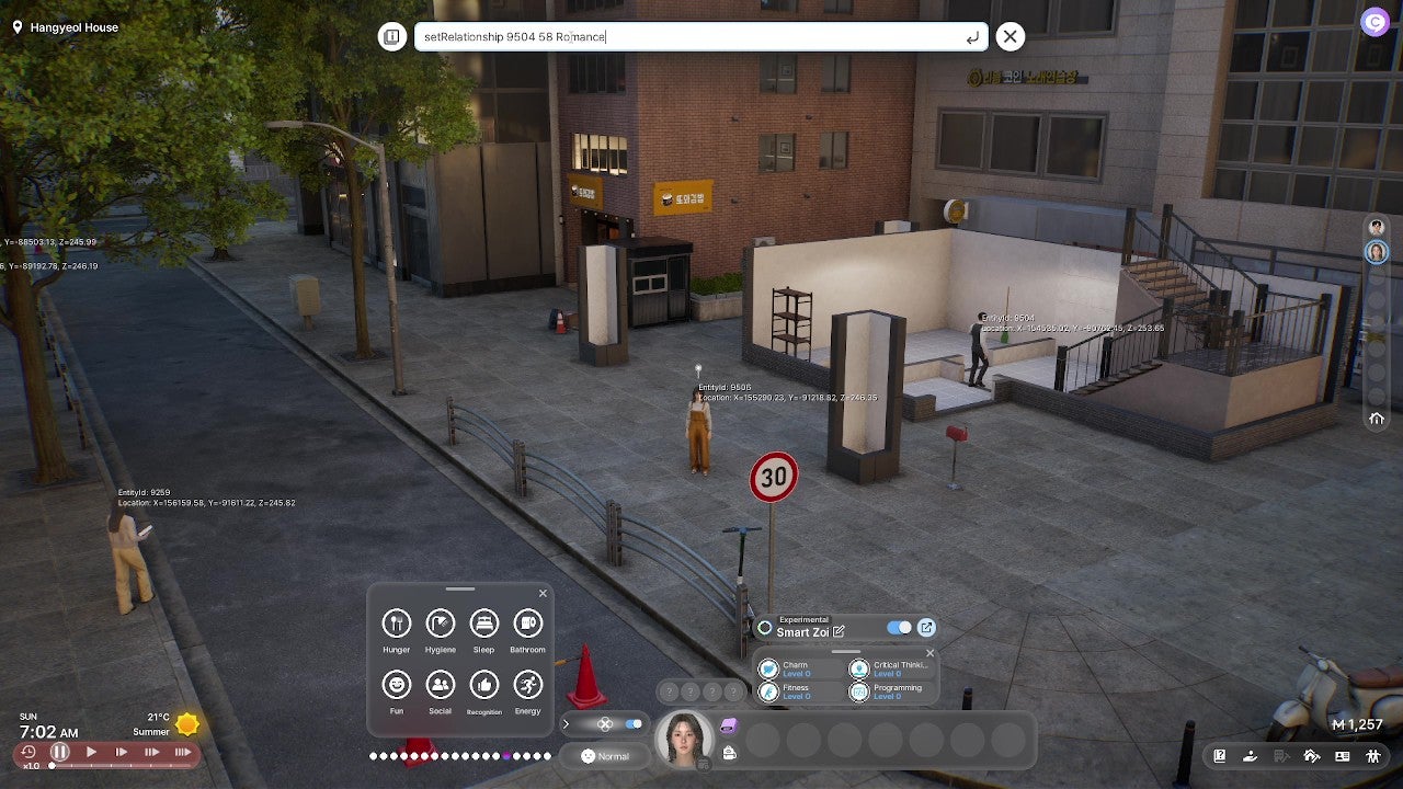 A street scene outside of a single-family dwelling in inZOI's Dowon, zoomed out to show several Zois going about their day. IDs and co-ordinates are displayed above their heads, and the cheat console is open at the top of the screen. - 5