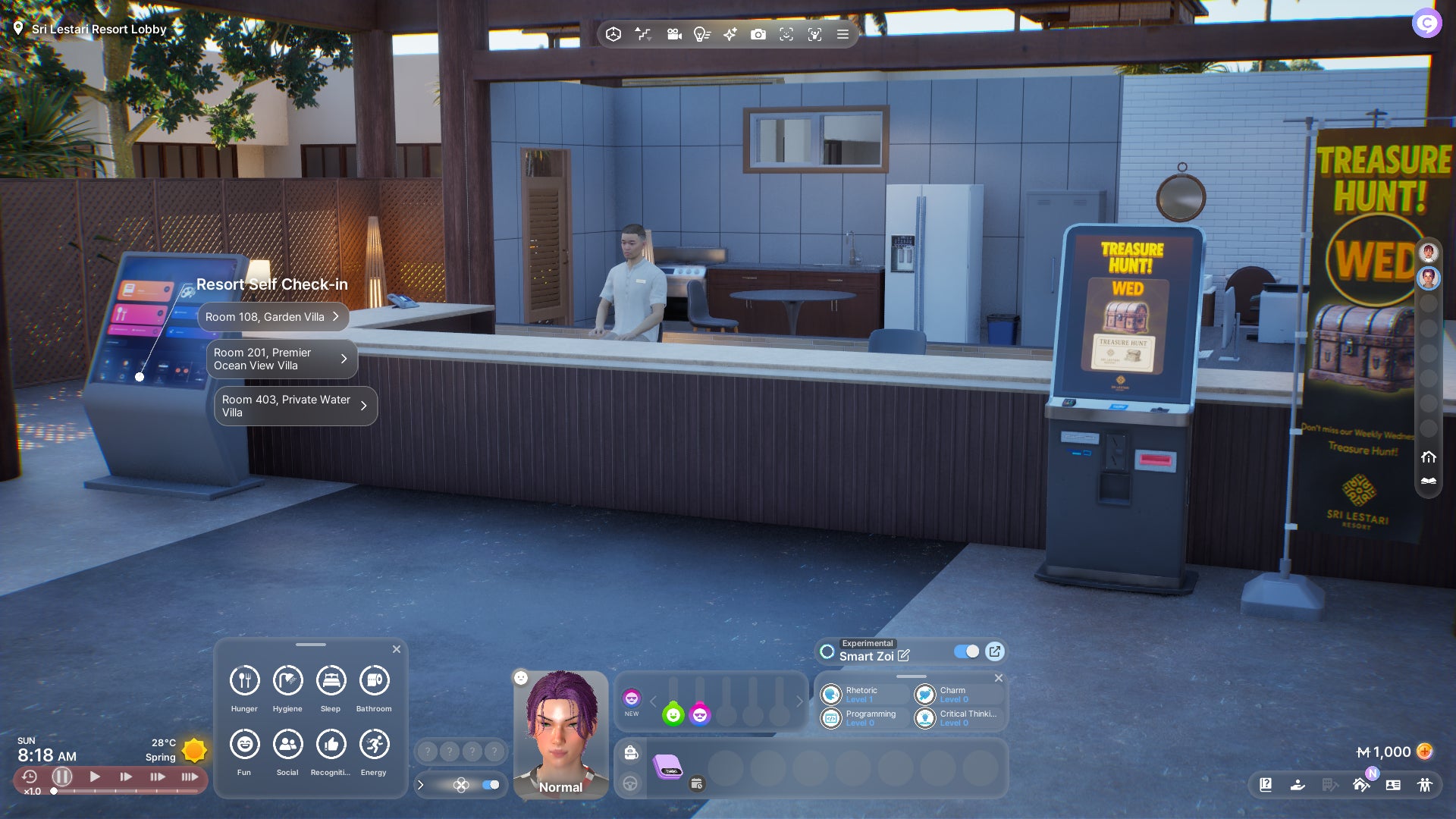 The front desk of a tropical destination resort in inZOI. A self check-in kiosk is highlighted with a number of accommodation options listed. - 5