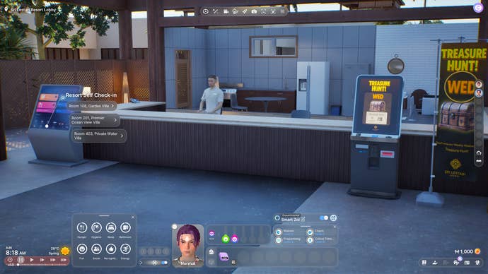 The front desk of a tropical destination resort in inZOI. A self check-in kiosk is highlighted with a number of accommodation options listed.