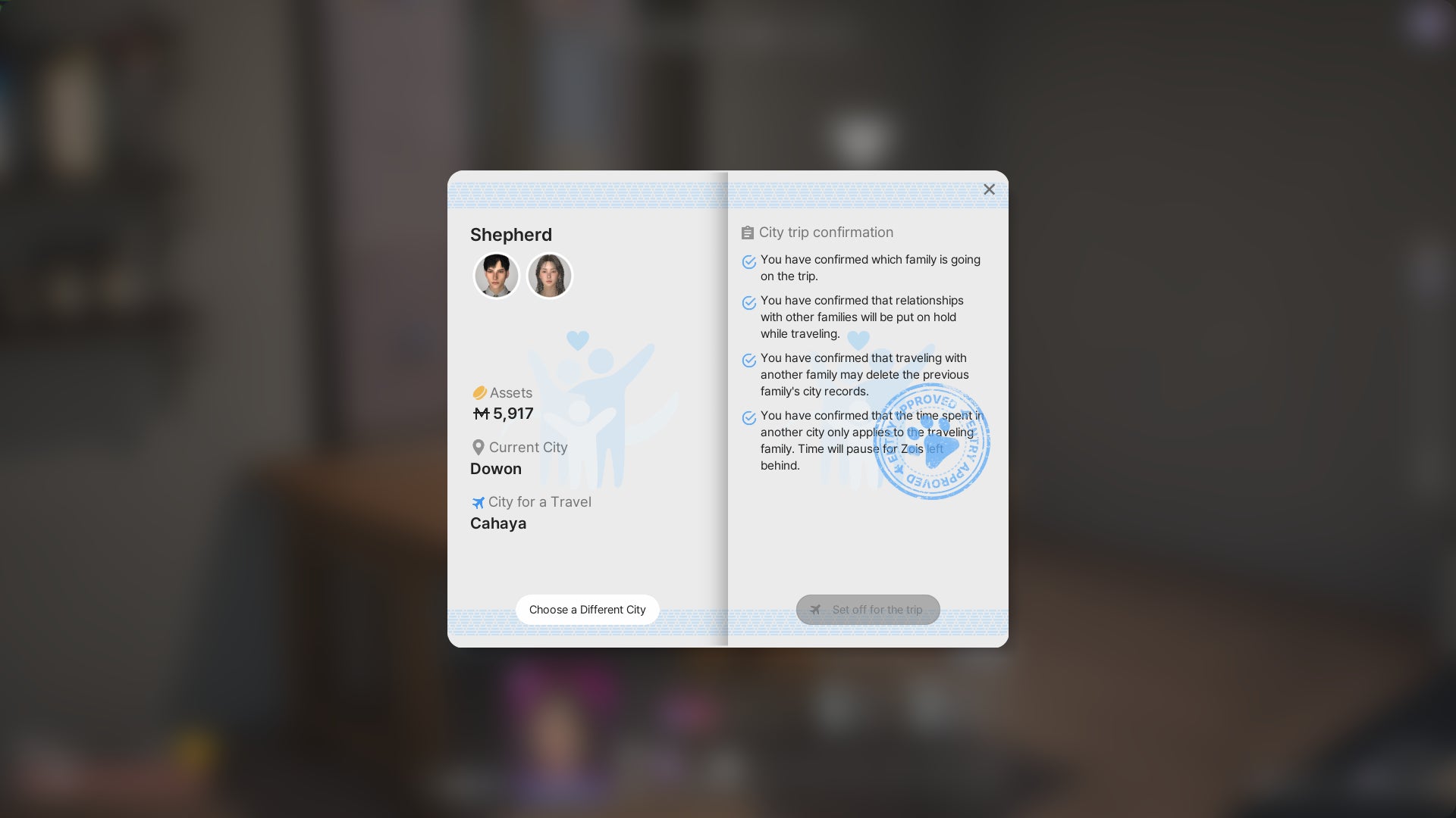 A passport-styled travel checklist ensures that the player has understood the risks of travelling to another city in inZOI before departure. - 4