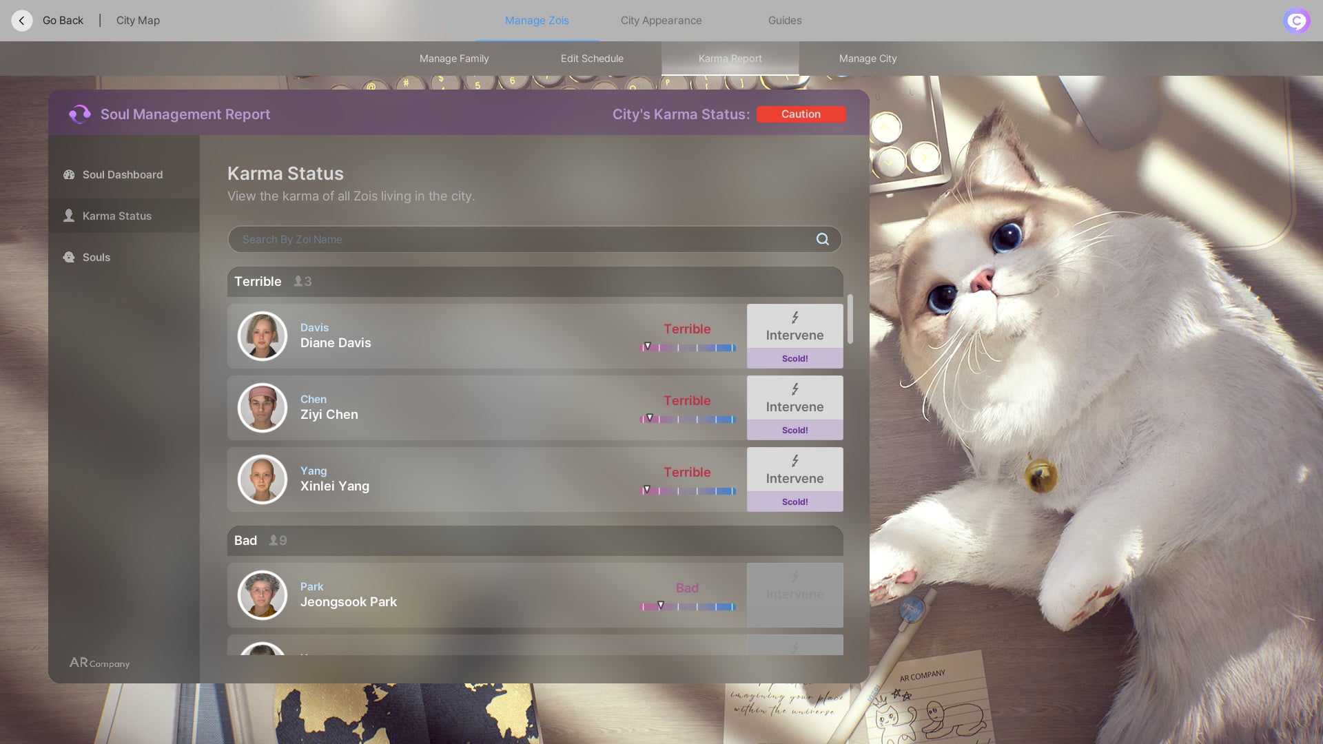 A big-eyed ragdoll cat lolls adorably next to an infographic showing the Zois in the city with the worst karma, along with a prompt for the player to intervene by scolding them. - 8