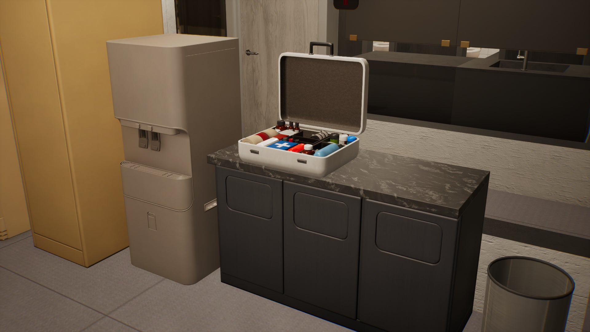 A first aid kit sits open on a counter next to a water cooler in an office kitchen in inZOI. - 4