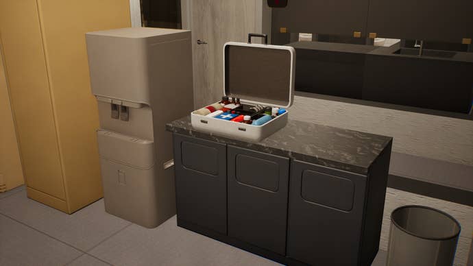 A first aid kit sits open on a counter next to a water cooler in an office kitchen in inZOI.