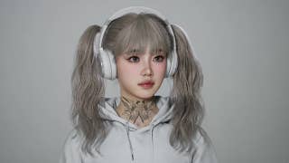 A young female Zoi with long pigtails and headphones sports a prominent and elaborate neck tattoo.
