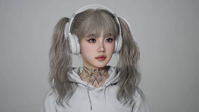 A young female Zoi with long pigtails and headphones sports a prominent and elaborate neck tattoo.
