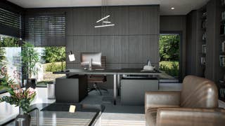 A modern office in inZOI, featuring grey-and-glass walls and a well-appointed desk plus seating area.
