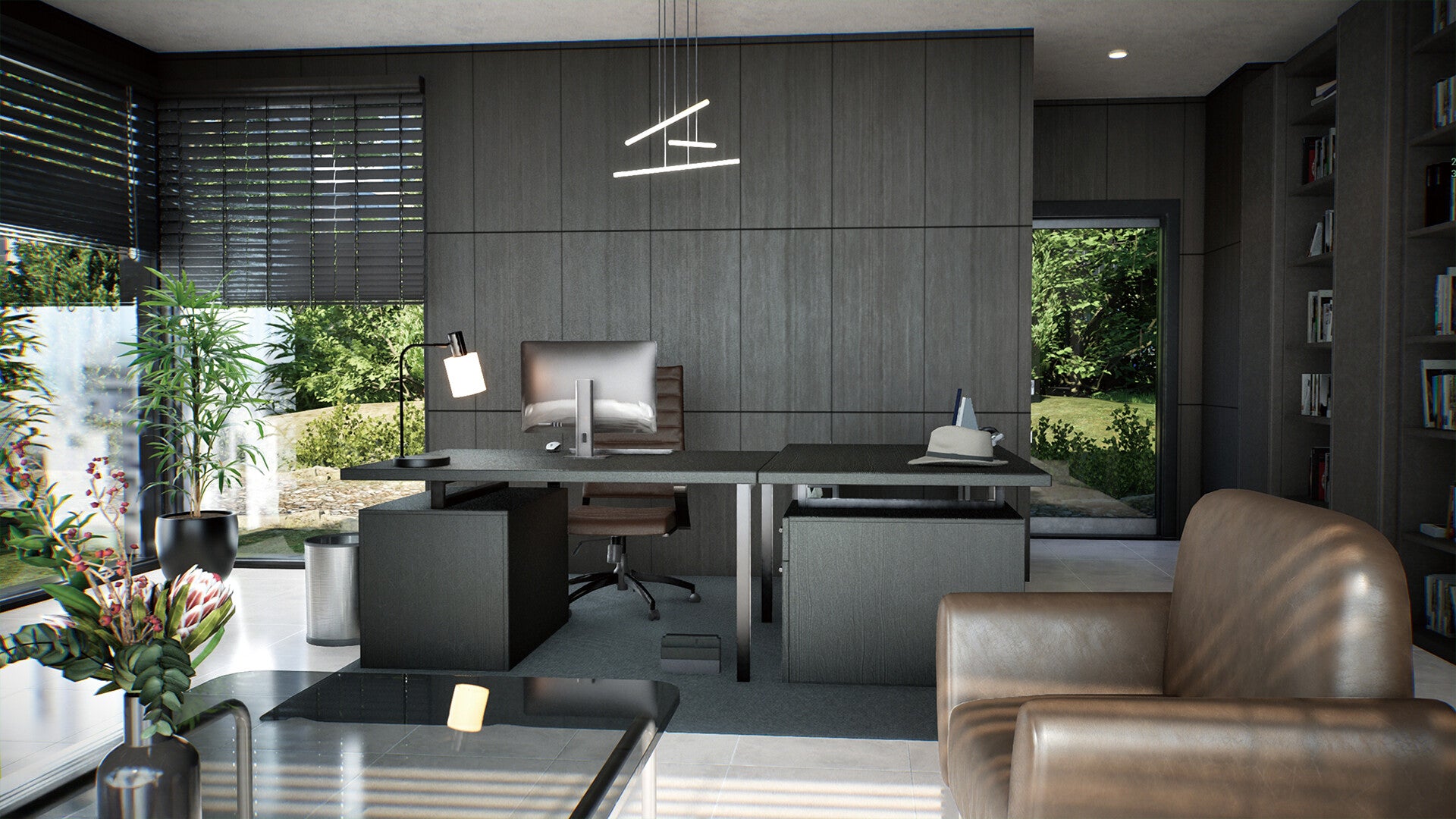 A modern office in inZOI, featuring grey-and-glass walls and a well-appointed desk plus seating area. - 1