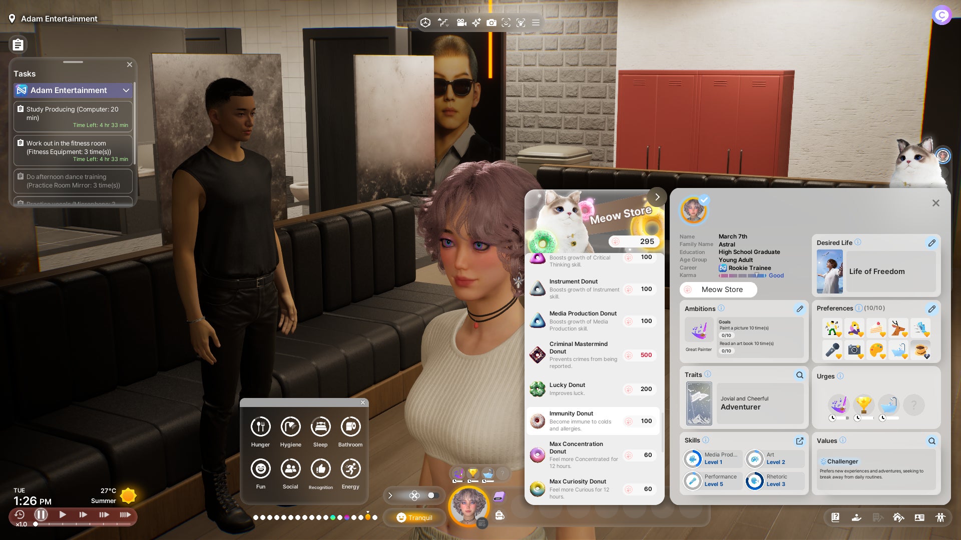 Two Zois stand in a dance studio; the closer (playable) character has the Meow Shop overlay open in the UI and contemplates the purchase of a Vaccine Donut to immunise herself against colds and allergies. - 5