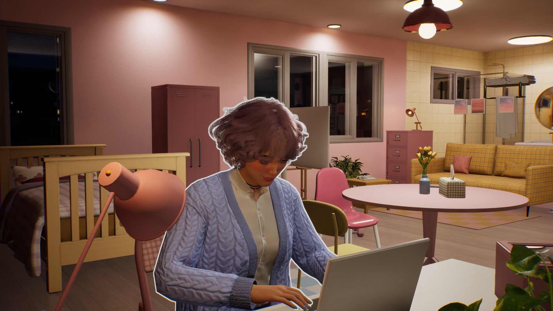 A female Zoi with pink-and-blue pastel theming sits in her pink-and-yellow pastel apartment and types on her laptop. - 1