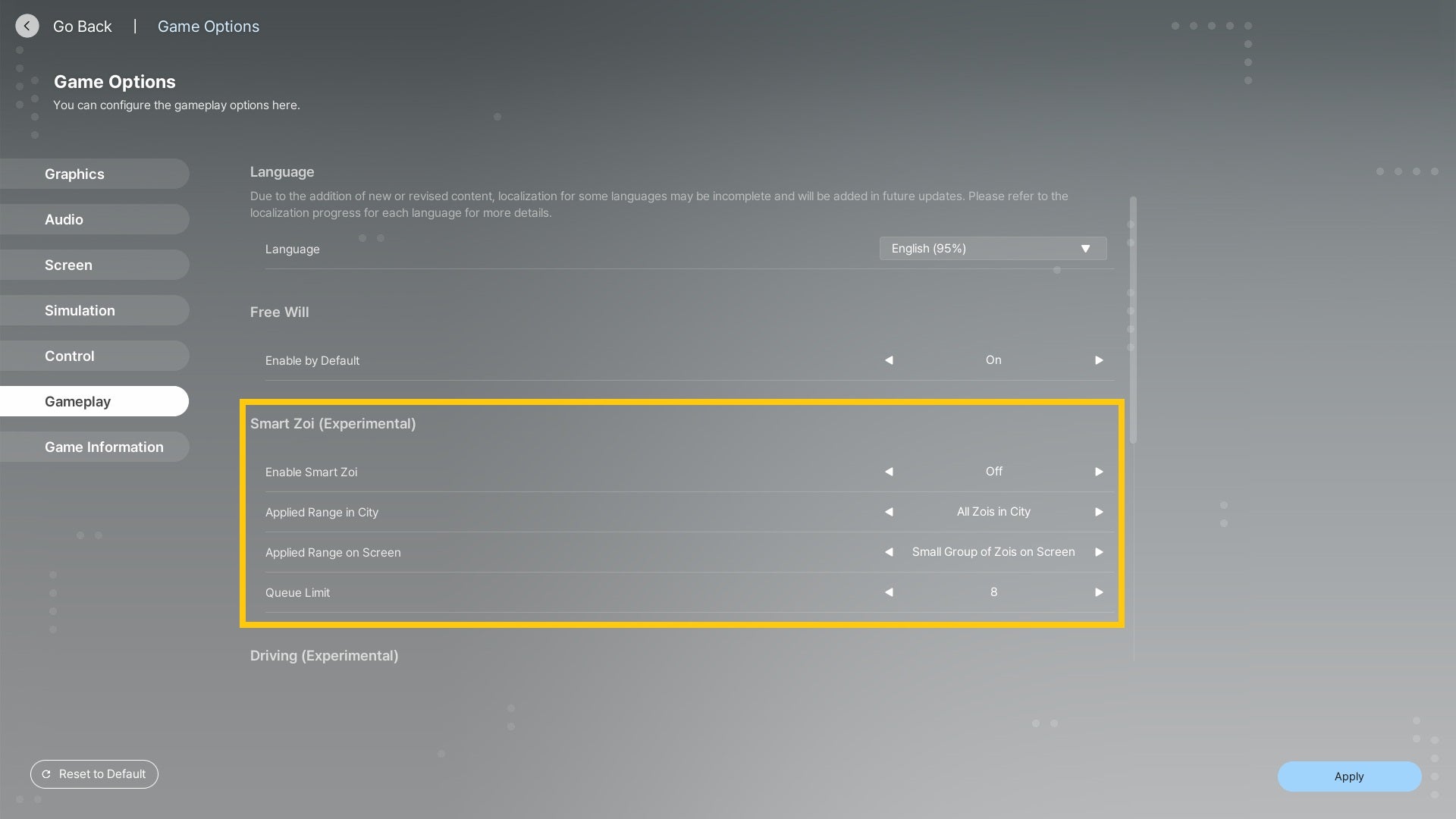 inZOI's gameplay options screen, with the Smart Zoi section highlighted in gold. - 4