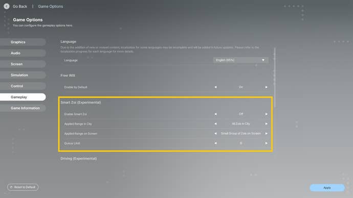 inZOI’s gameplay options screen, with the Smart Zoi section highlighted in gold.
