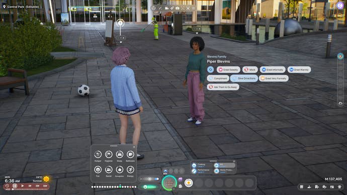 Two female Zois chat in a park in Dowon, with a pop-up menu of suggested social interactions displayed between them.