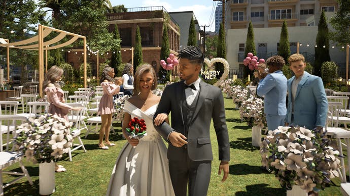 An InZoi screenshot showing a couple walking down an outdoor wedding aisle arm in arm. Attendees watch from either side of the aisle beneath bright blue skies.