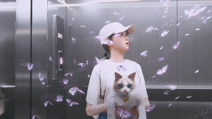 In a still from inZOI’s opening cutscene, a young female character in baseball cap and t-shirt holds a befuddled-looking ragdoll cat as they ride an elevator with pink sparkling butterflies swirling around them.