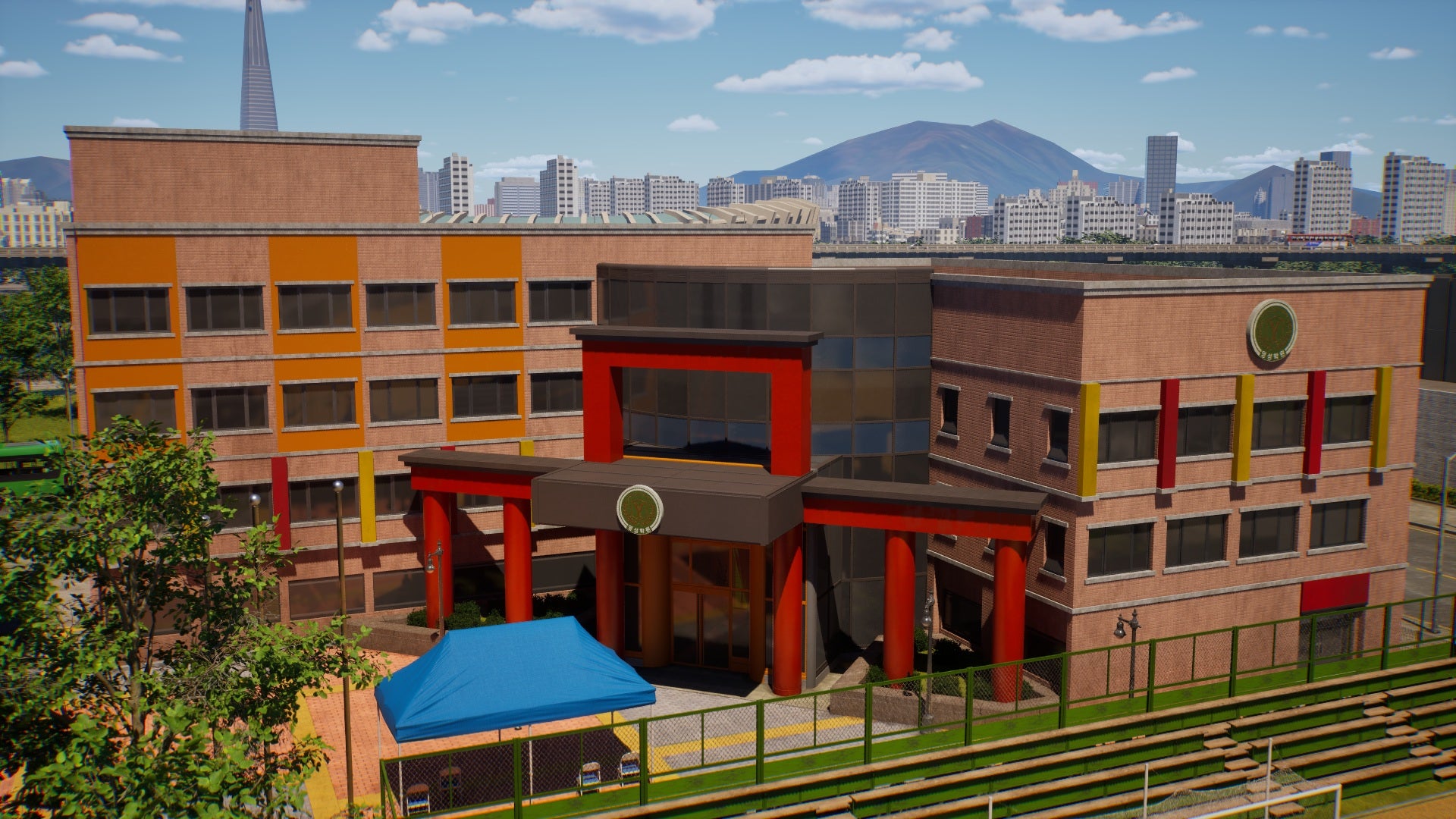 The main building of Youngsung University in the South Korean-inspired city of Dowon in inZOI, as seen from the exterior at midday. - 1