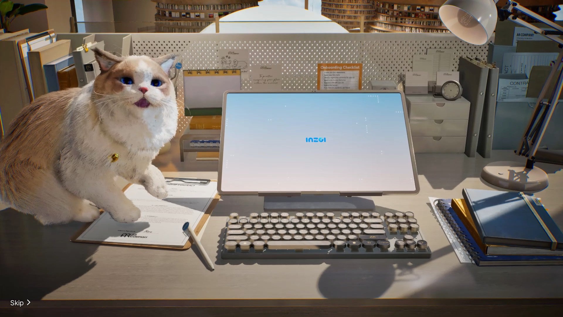 A fluffy cat sits on a desk next to a monitor with the inZoi log on it, in inZoi. - 1