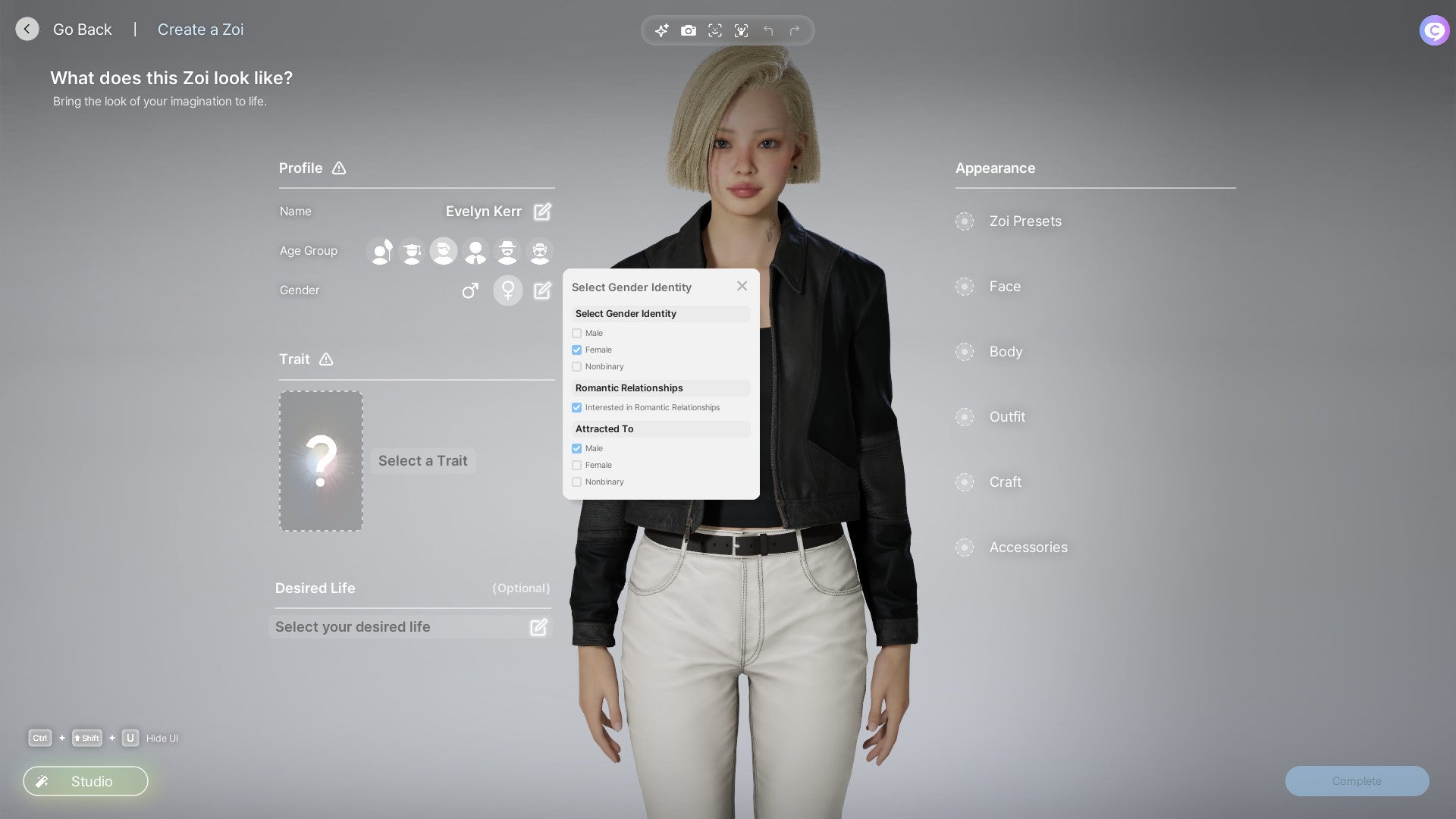 The gender identity options during inZoi's character creator. - 3