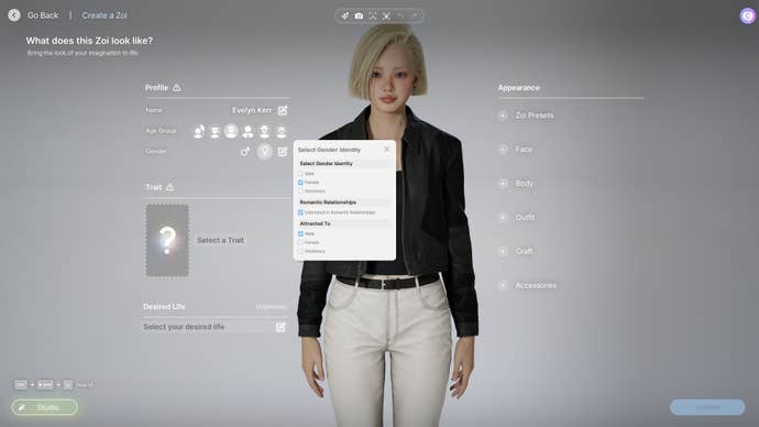 The gender identity options during inZoi’s character creator.