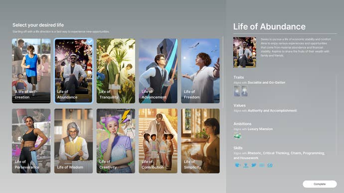 A menu for selecting your “desired life”, at the onset of inZoi.
