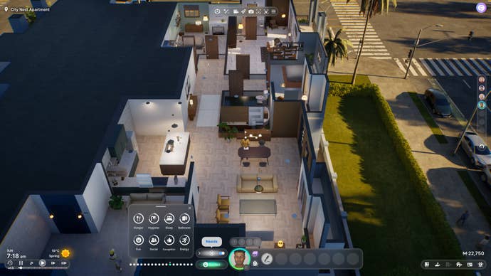 A topdown view of a modern house, where a character sits at a kitchen table in inZoi.